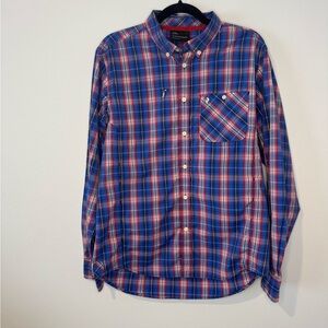 Peak Performance Plaid Button-Down Shirt Men’s Large Red Blue Outdoor Hiking